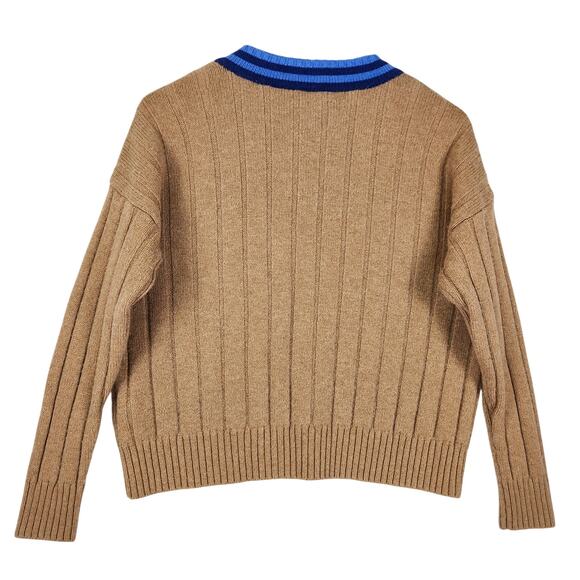 Madewell Tipped V-Neck Oversized Sweater in Tan With Blue V-Neck SZ SM Wool Blnd - Picture 3 of 13